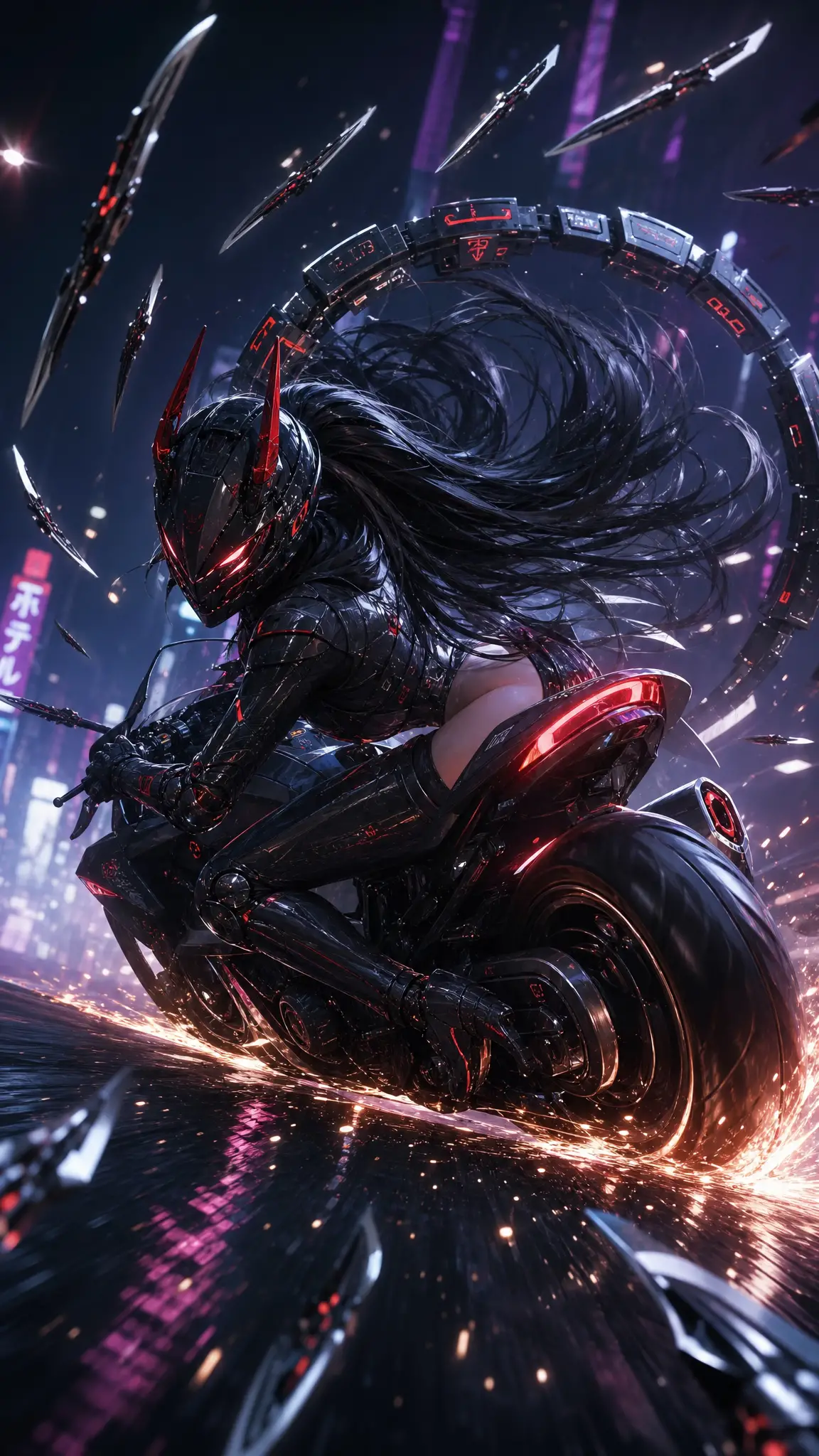Cybernetic warrior woman riding a motorcycle with sparks