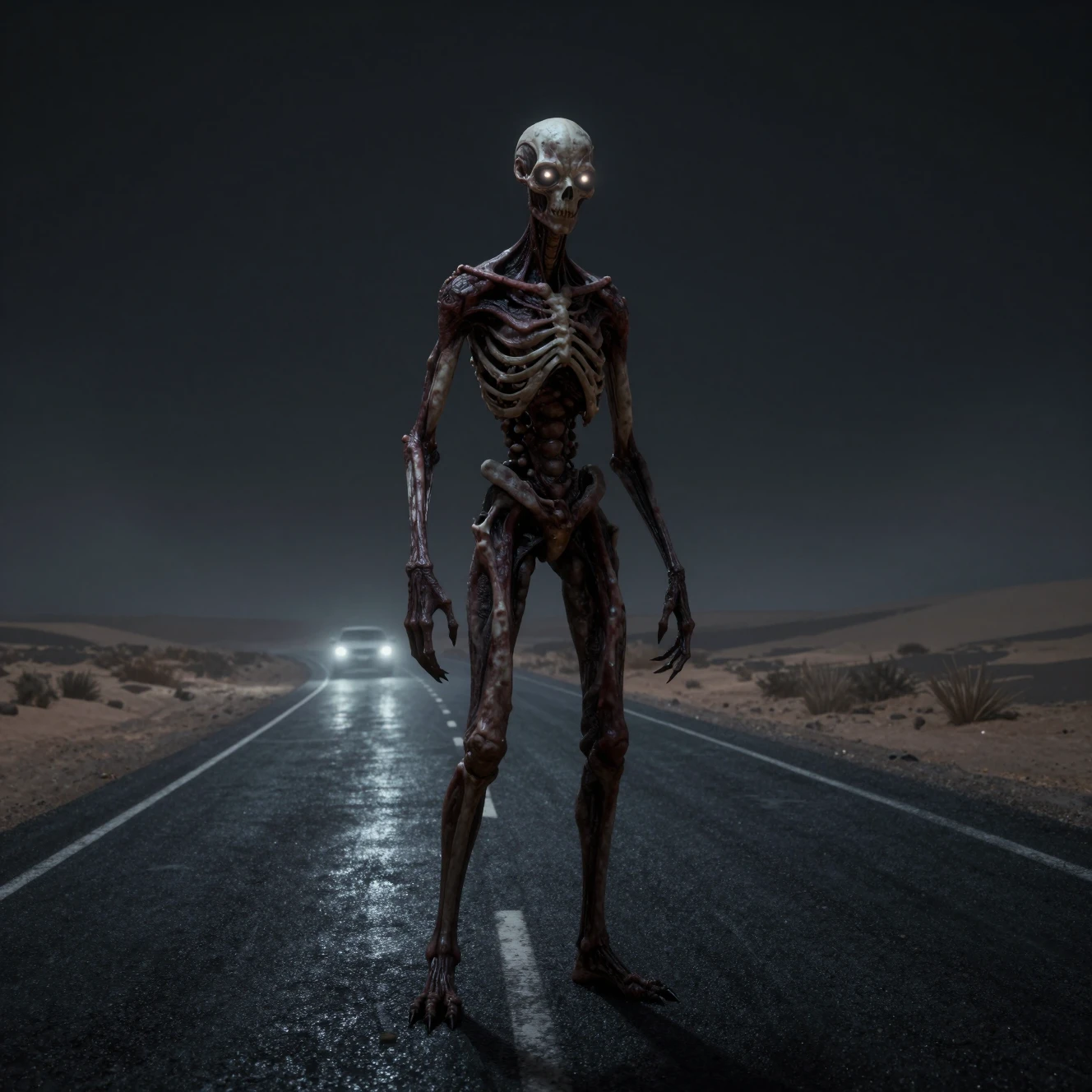 Créature humanoïde sur une autoroute déserte au milieu du désert à minuit