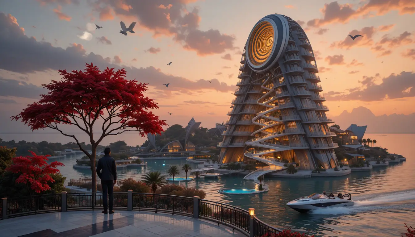 Figura solitaria davanti a una imponente struttura futuristica al tramonto