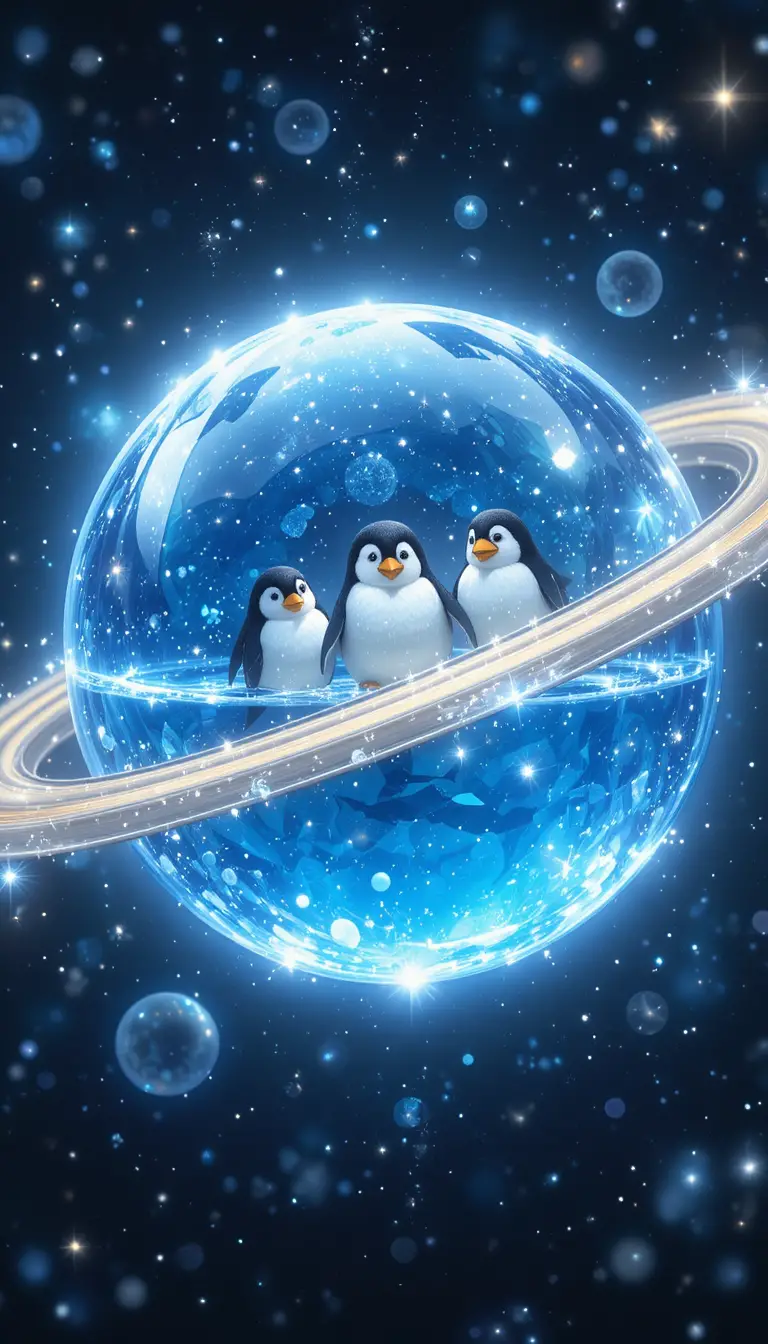 Crystal blue Saturn with fluffy penguins on glowing rings