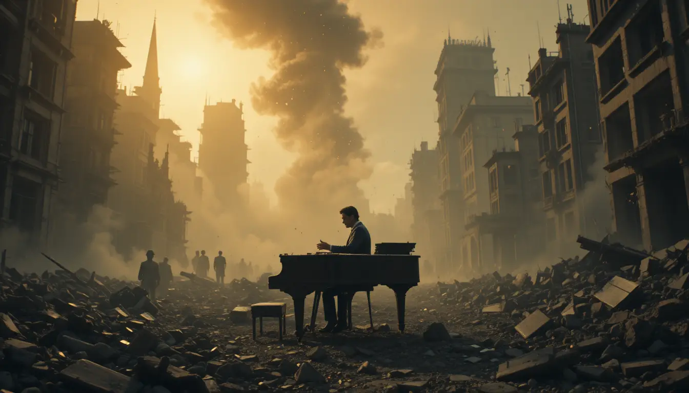 Pianista che suona un pianoforte a coda in una città in rovina