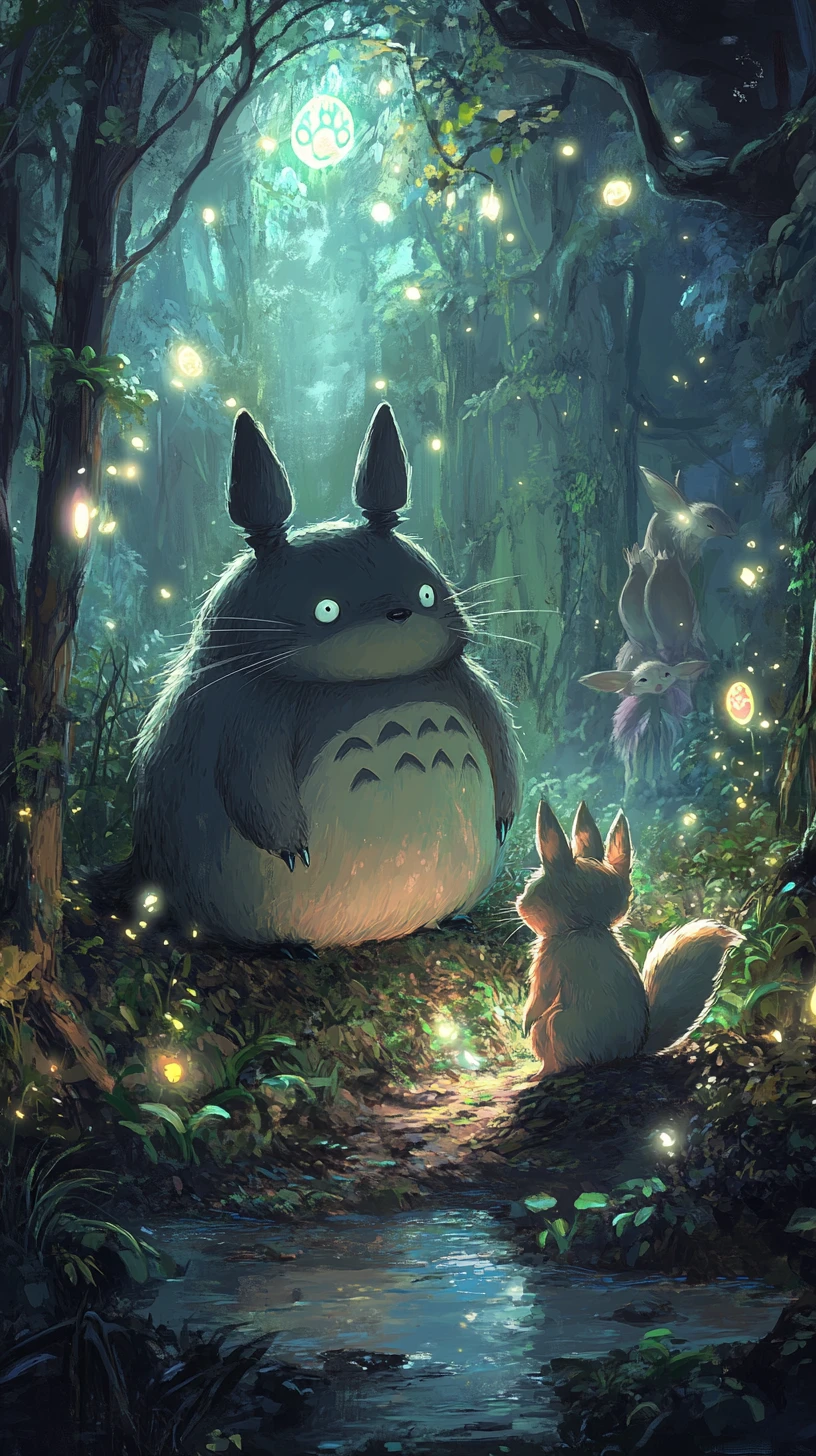 Totoro e jovem lobo descansando em uma floresta brilhante