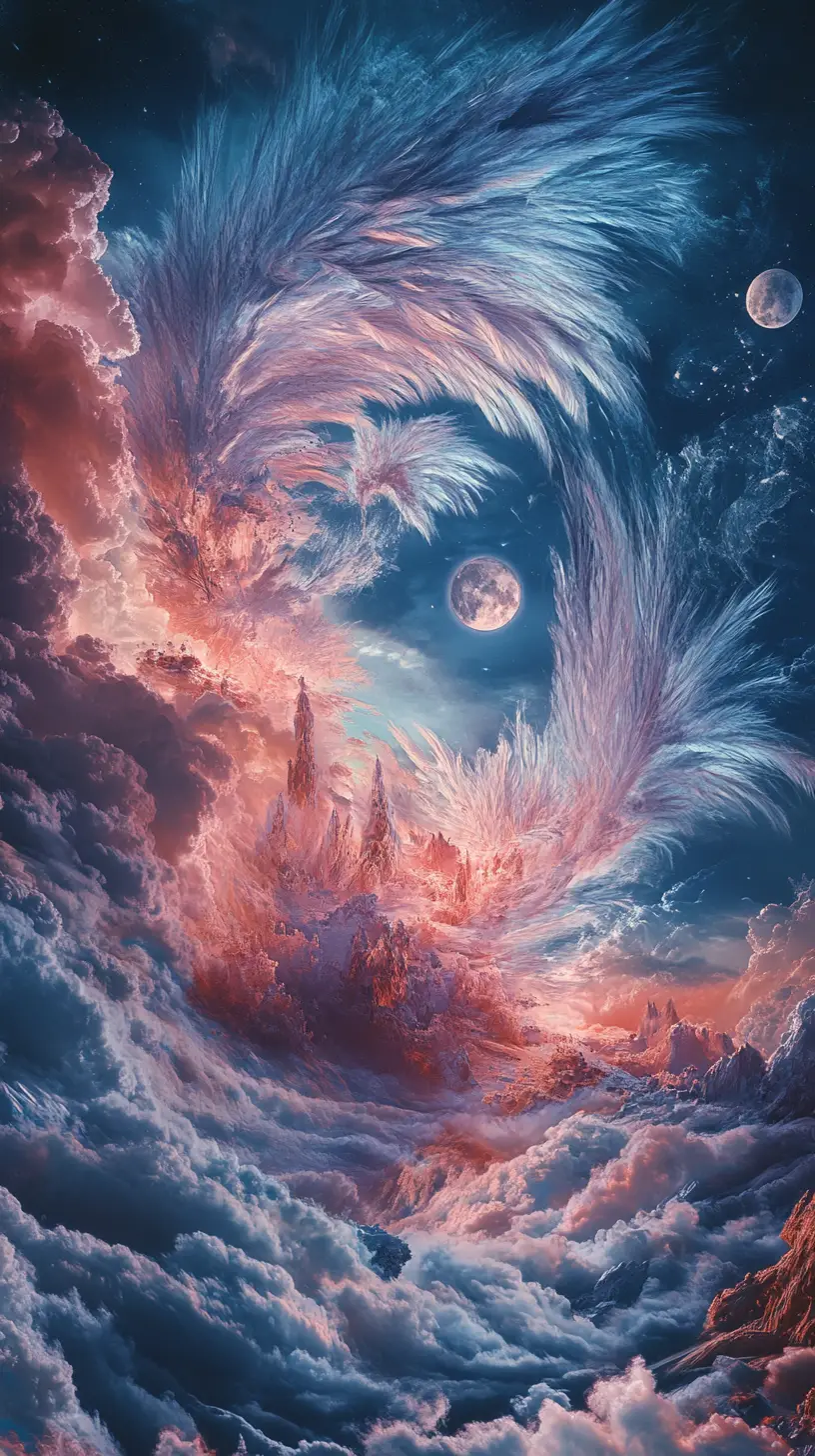Tempesta di piume luminose che vorticano in un cielo surreale