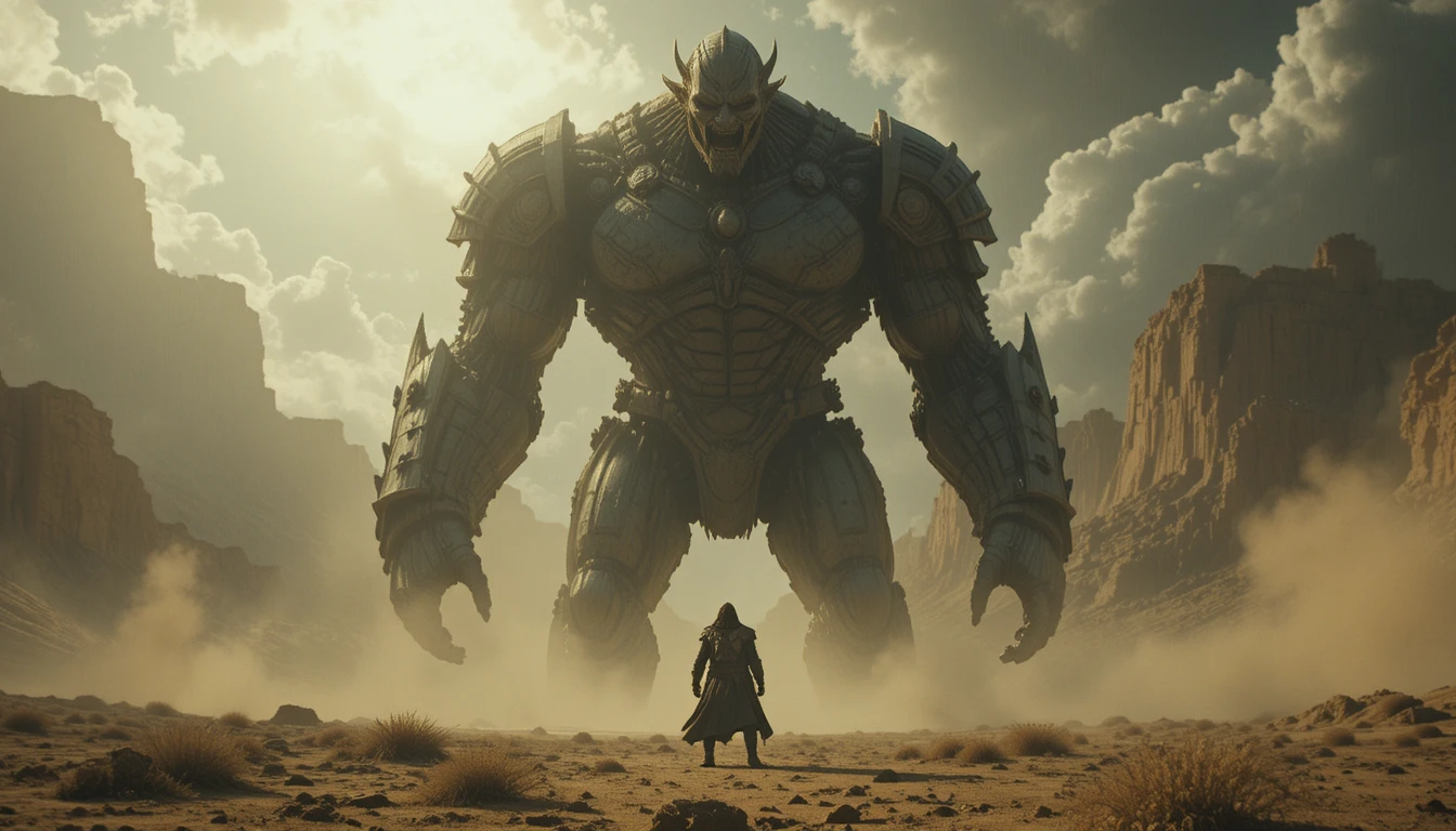 Guerreiro solitário enfrenta monstro colossal em deserto tempestuoso