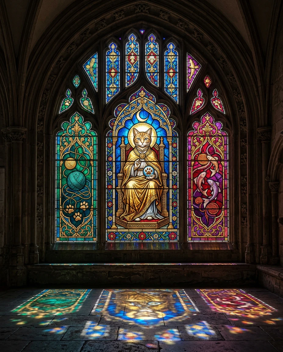 Finestra gotica di cattedrale con un gatto santo in vetro colorato