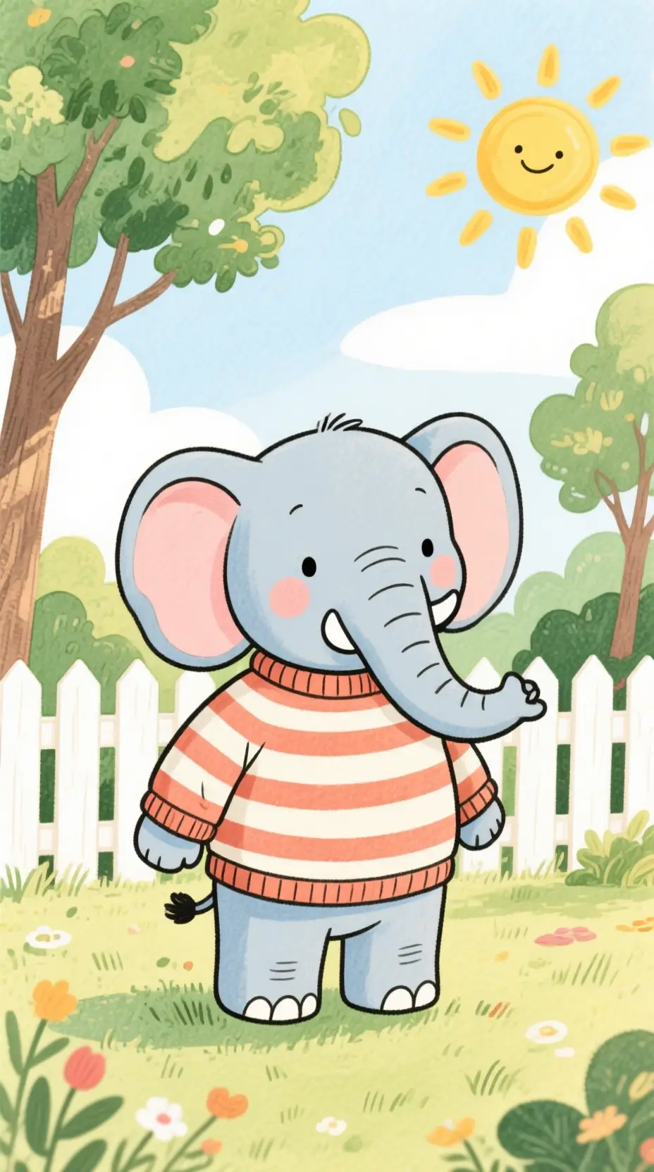 Niedlicher Aquarell-Cartoon-Elefant im gestreiften Pullover im Freien
