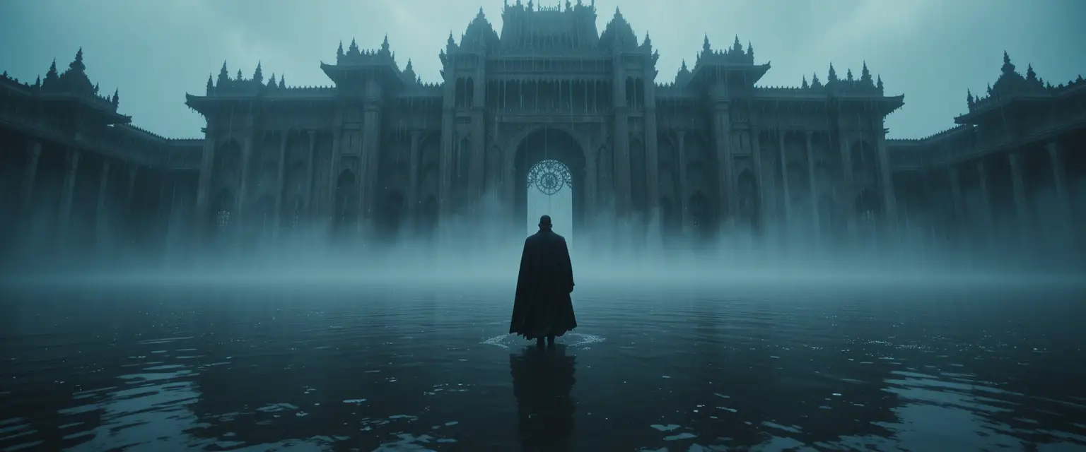 Emperor walking through flooded palace in a raging storm