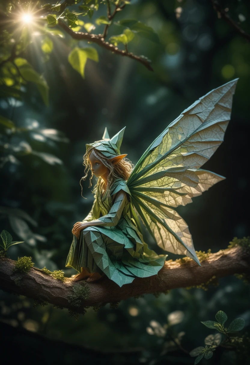 Origami-Fee auf einem Ast im leuchtenden Waldlicht