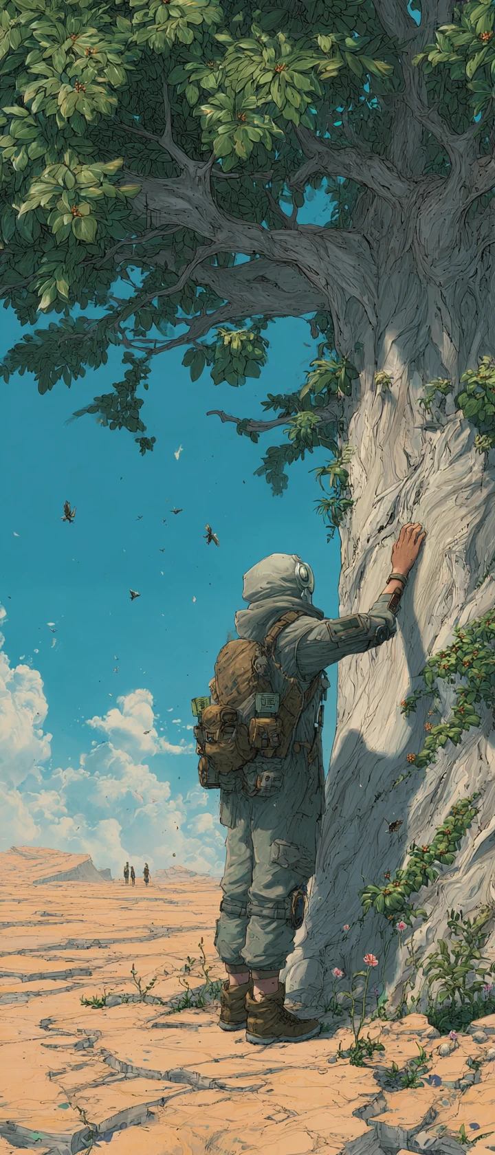 Viajante de anime tocando a última árvore brilhante da Terra