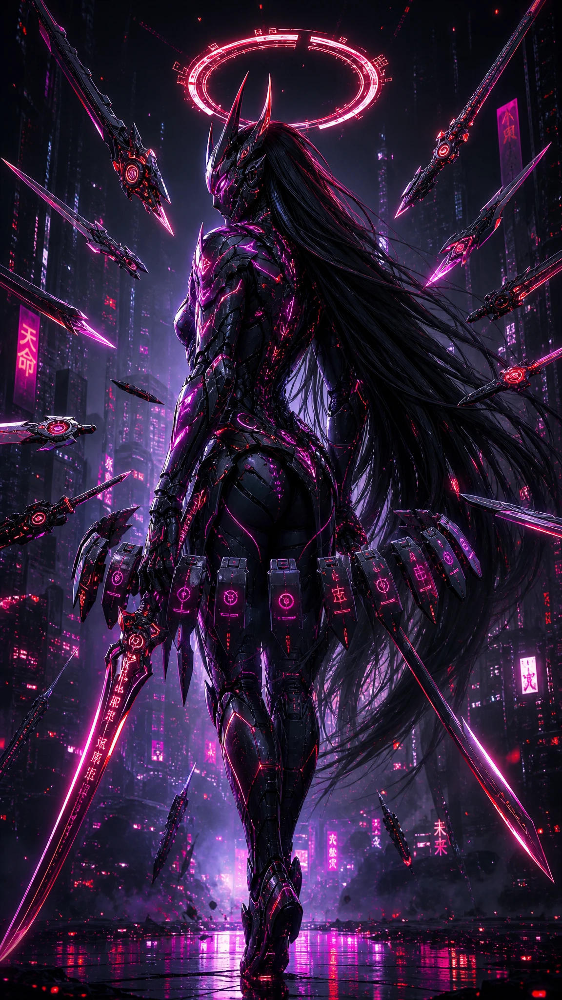 Cyberpunk warrior in neon armor with demonic horned helmet