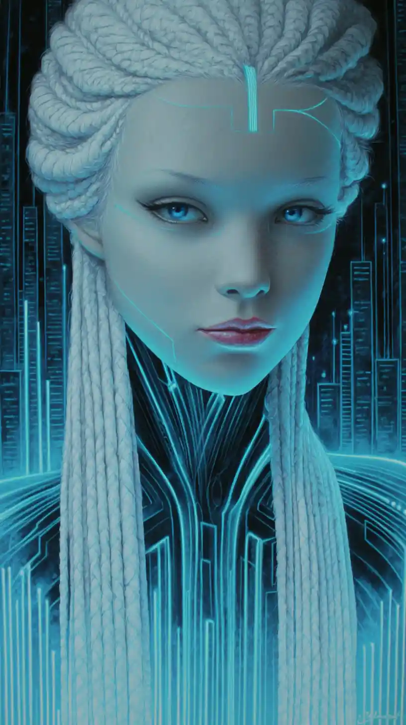 Cyberpunk android woman with neon braids and blue city
