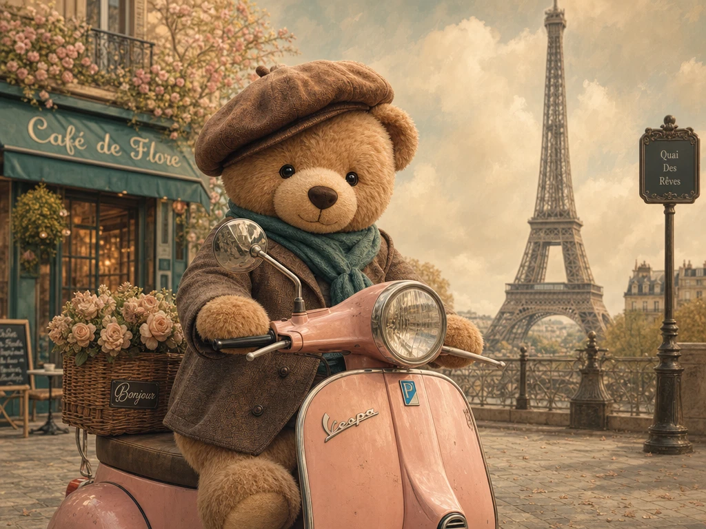 Urso de pelúcia andando de Vespa rosa em Paris – ilustração