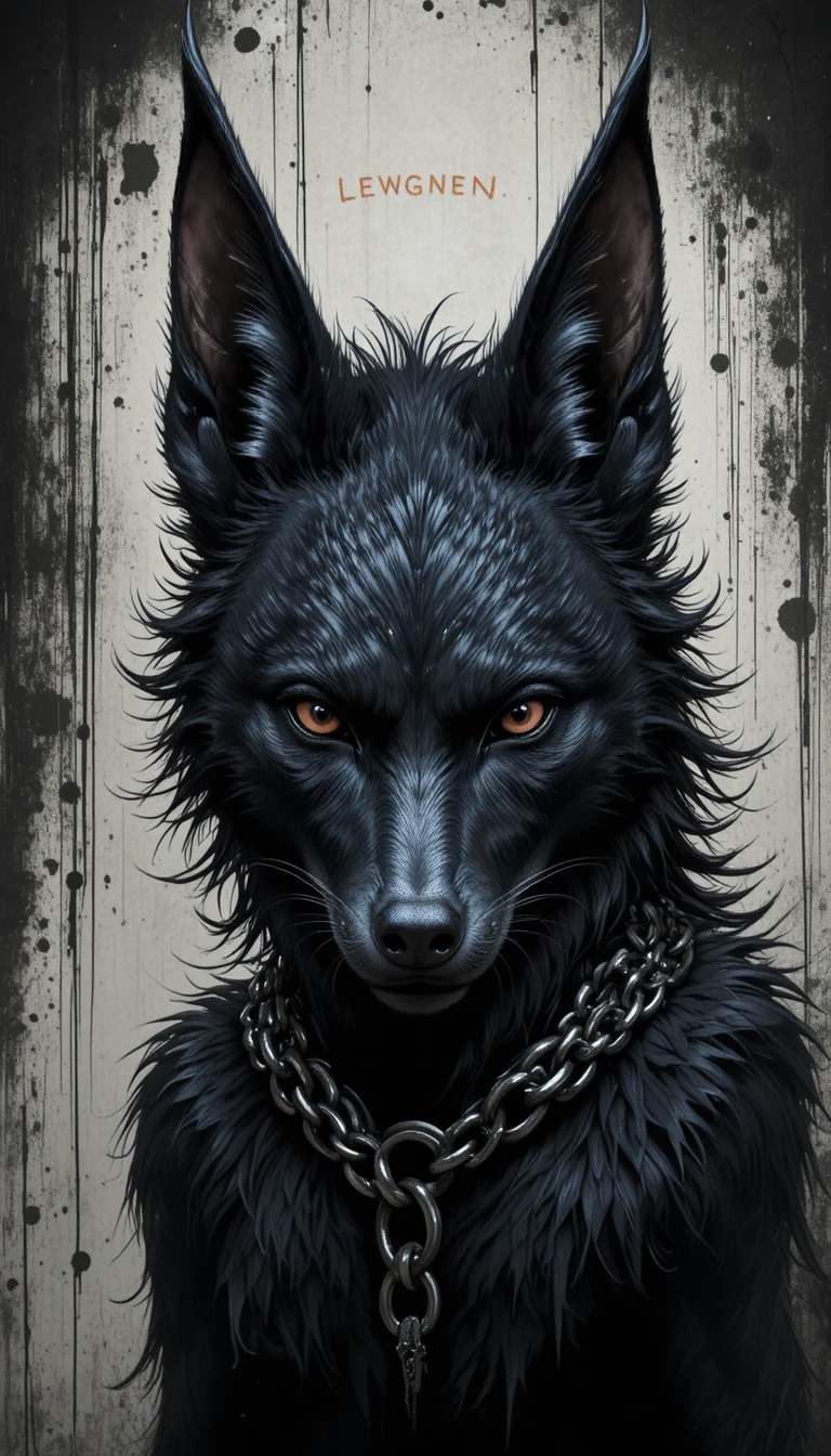 Criatura de lobo sombria com coleira em fundo respingado
