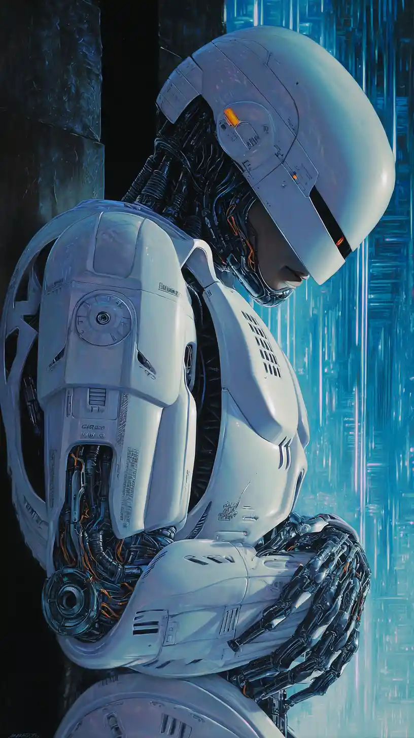 Surreal female robot amid neon digital cityscape art