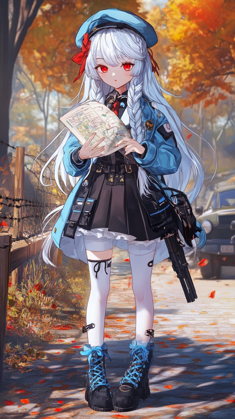 Fille anime avec carte de la forêt près d’un chalet de montagne en automne