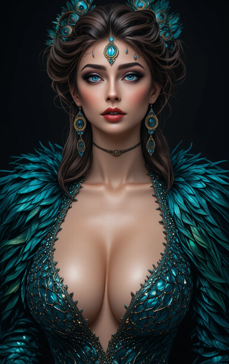 Donna pavone fantastica con piume turchesi e blu