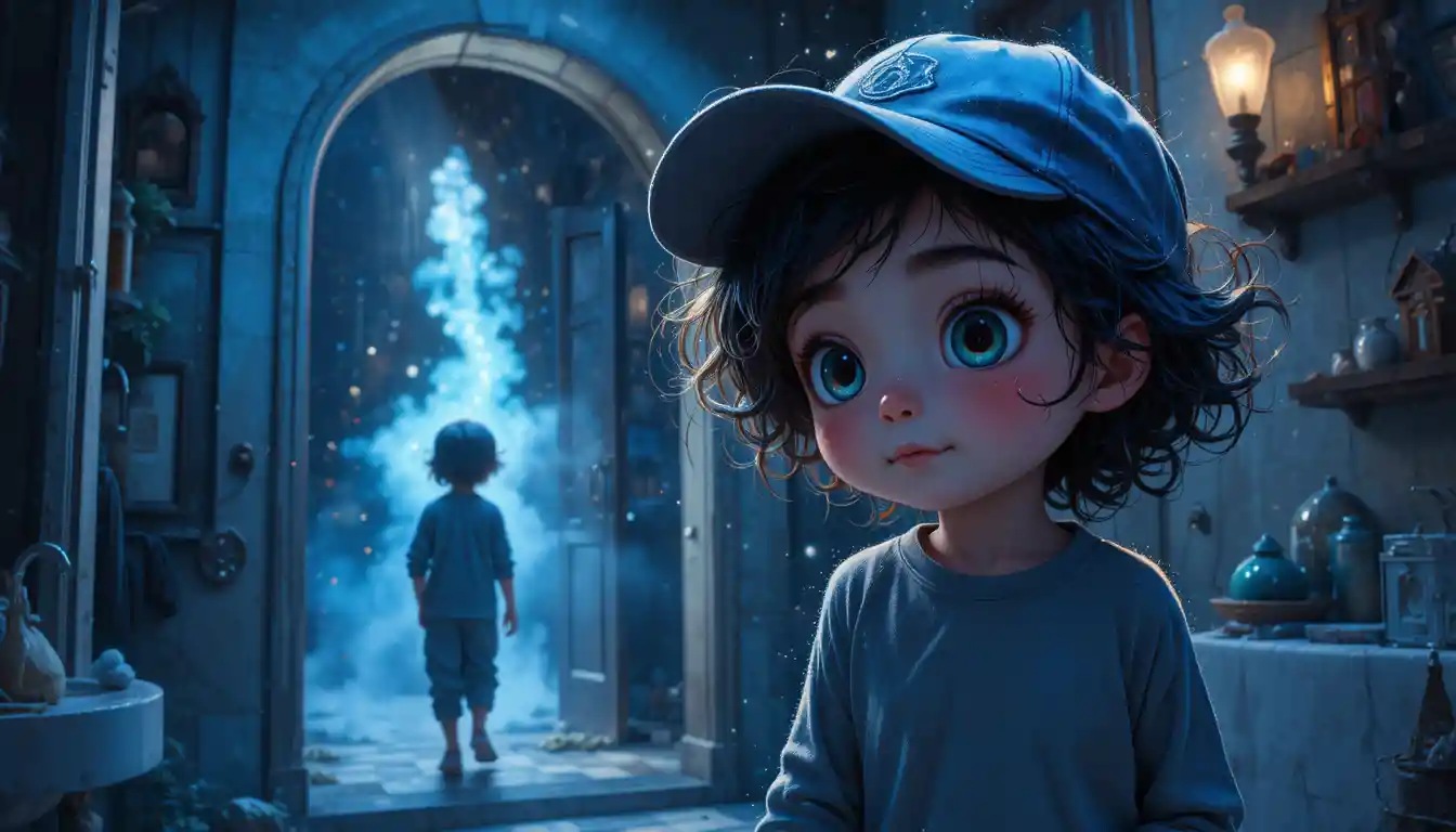 Bambino davanti a una porta magica stellata in un bagno buio