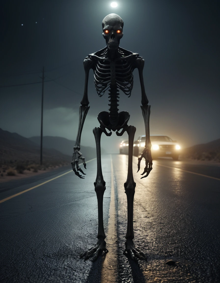 Criatura humanoide em estrada deserta no deserto à meia-noite