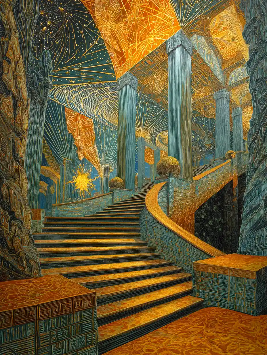 Fantastical staircase in ornate art deco dreamscape