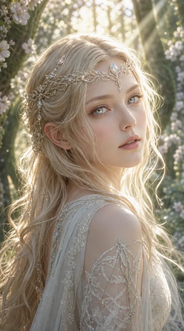 Ethereal blonde woman in a sunlit mystical forest