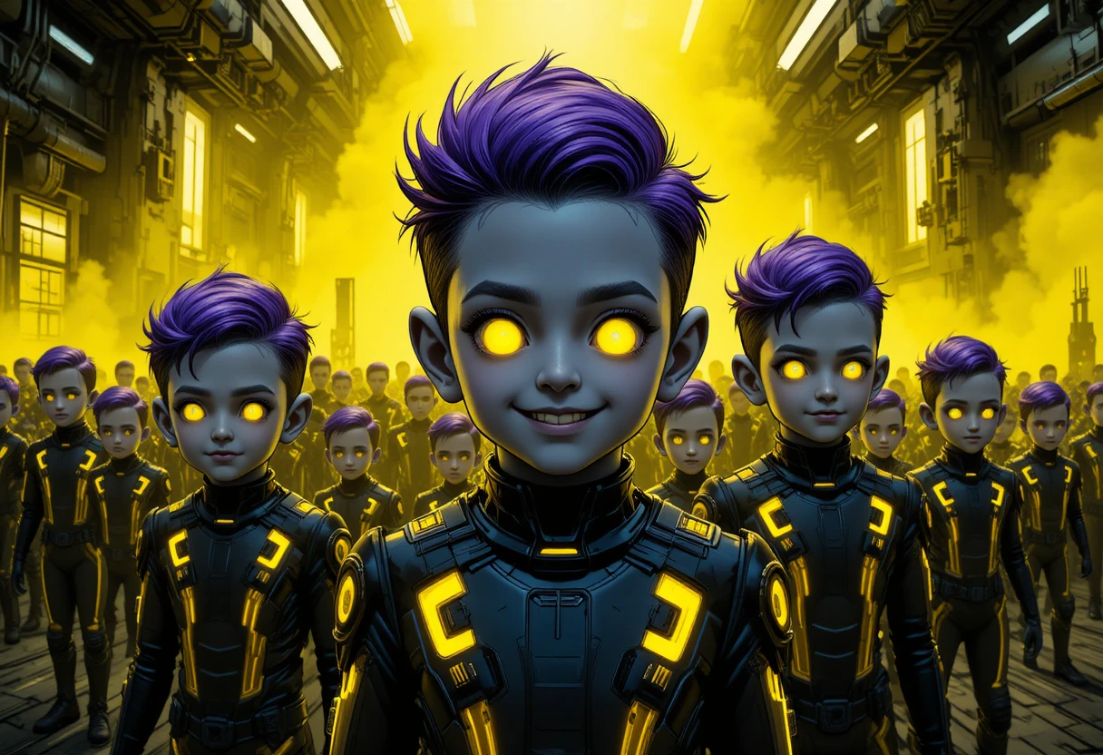 Niños pequeños futuristas en el interior de una instalación sci‑fi de neón
