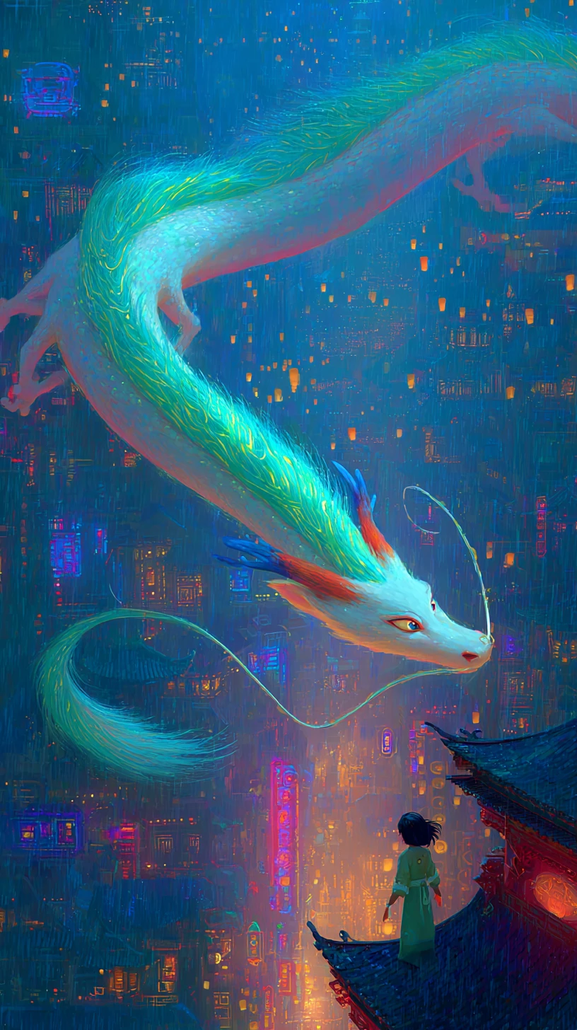 Dragão Planando Sobre Cidade Cyberpunk Neon ao Crepúsculo