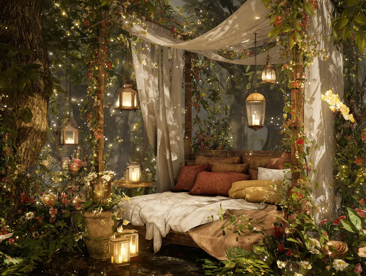 Sanctuaire romantique avec lit dans une forêt fantastique au clair de lune