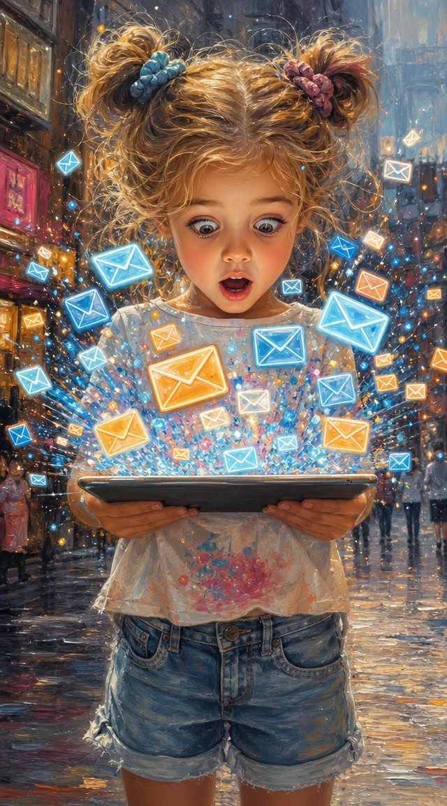 Jolie fille blonde dans une rue de la ville avec des icônes d’e-mails lumineuses