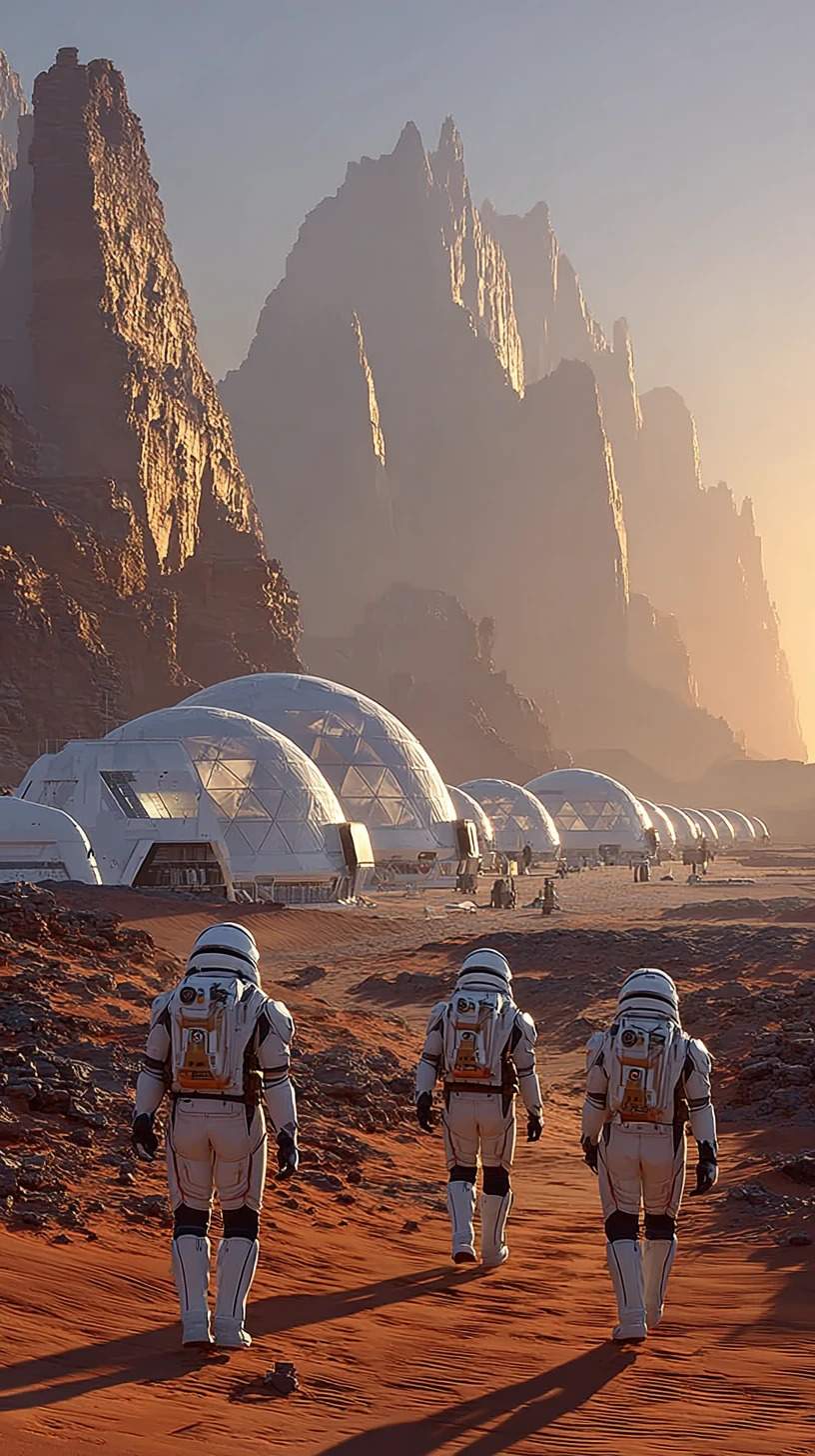 Astronauten nähern sich einer futuristischen Mars-Siedlung bei Sonnenaufgang