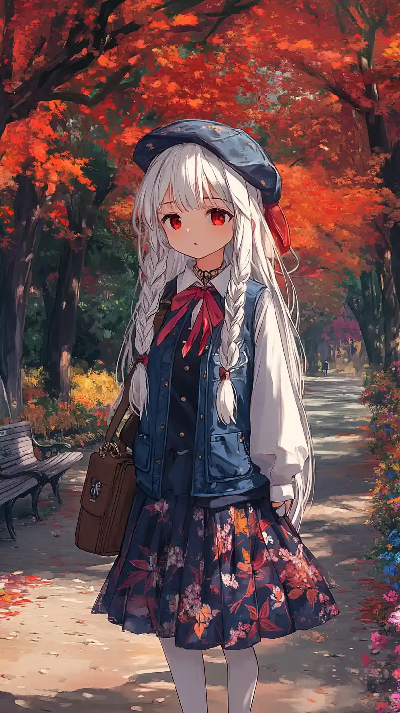 White haired girl walking on a sandy park path