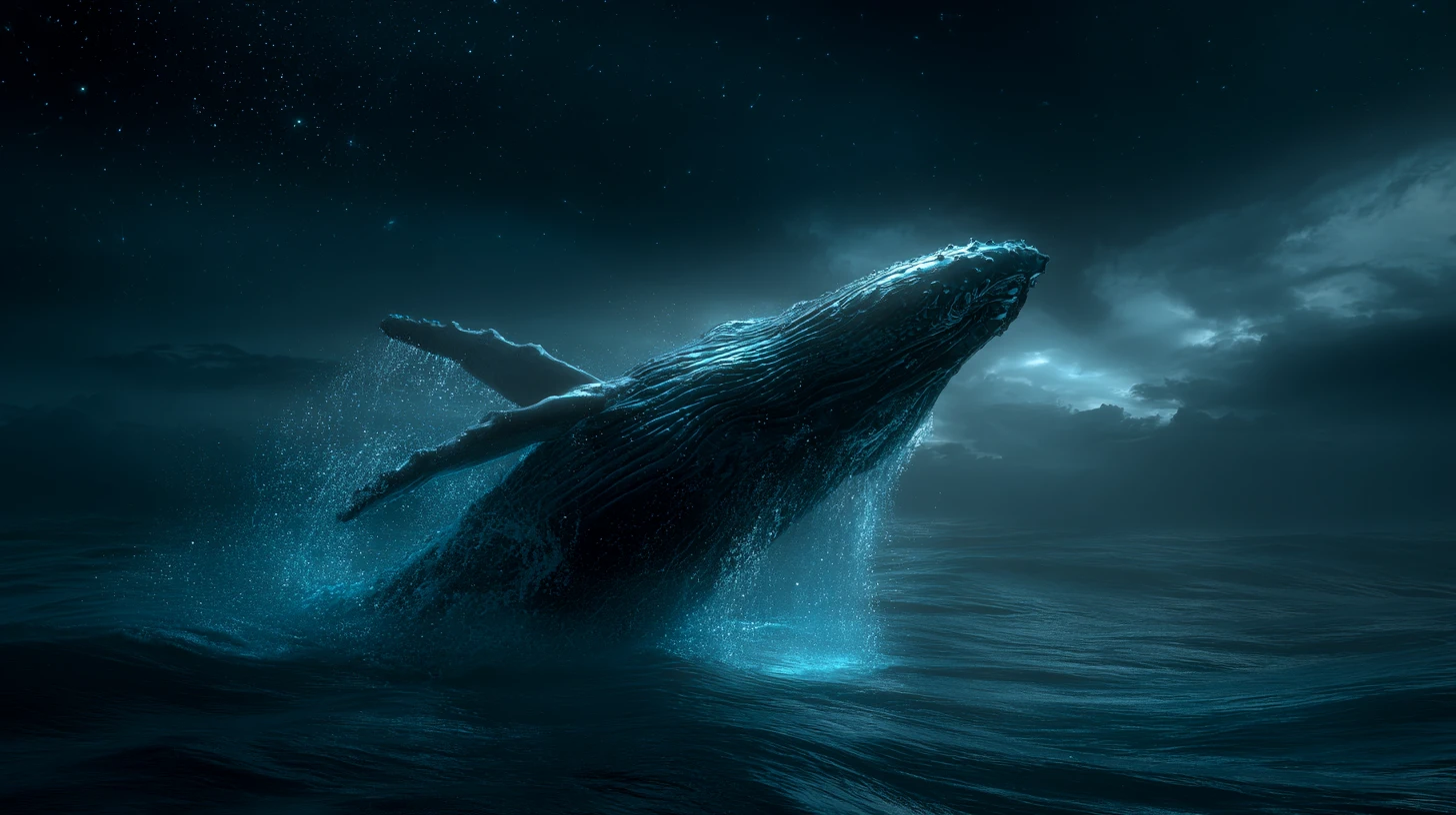 Baleia-jubarte saltando de um oceano escuro ao crepúsculo
