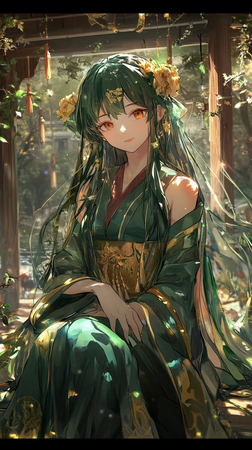 石の神殿の前に立つ金色のドレスの悲しいアニメ少女
