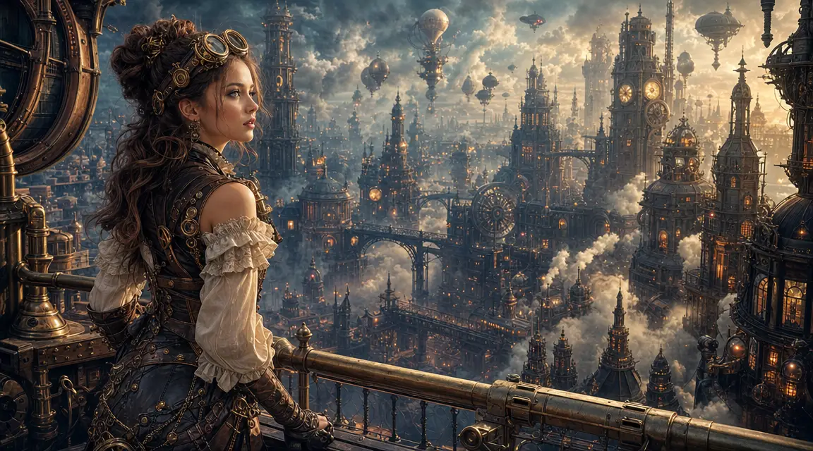 Donna steampunk su aeronave sopra città meccanica surreale