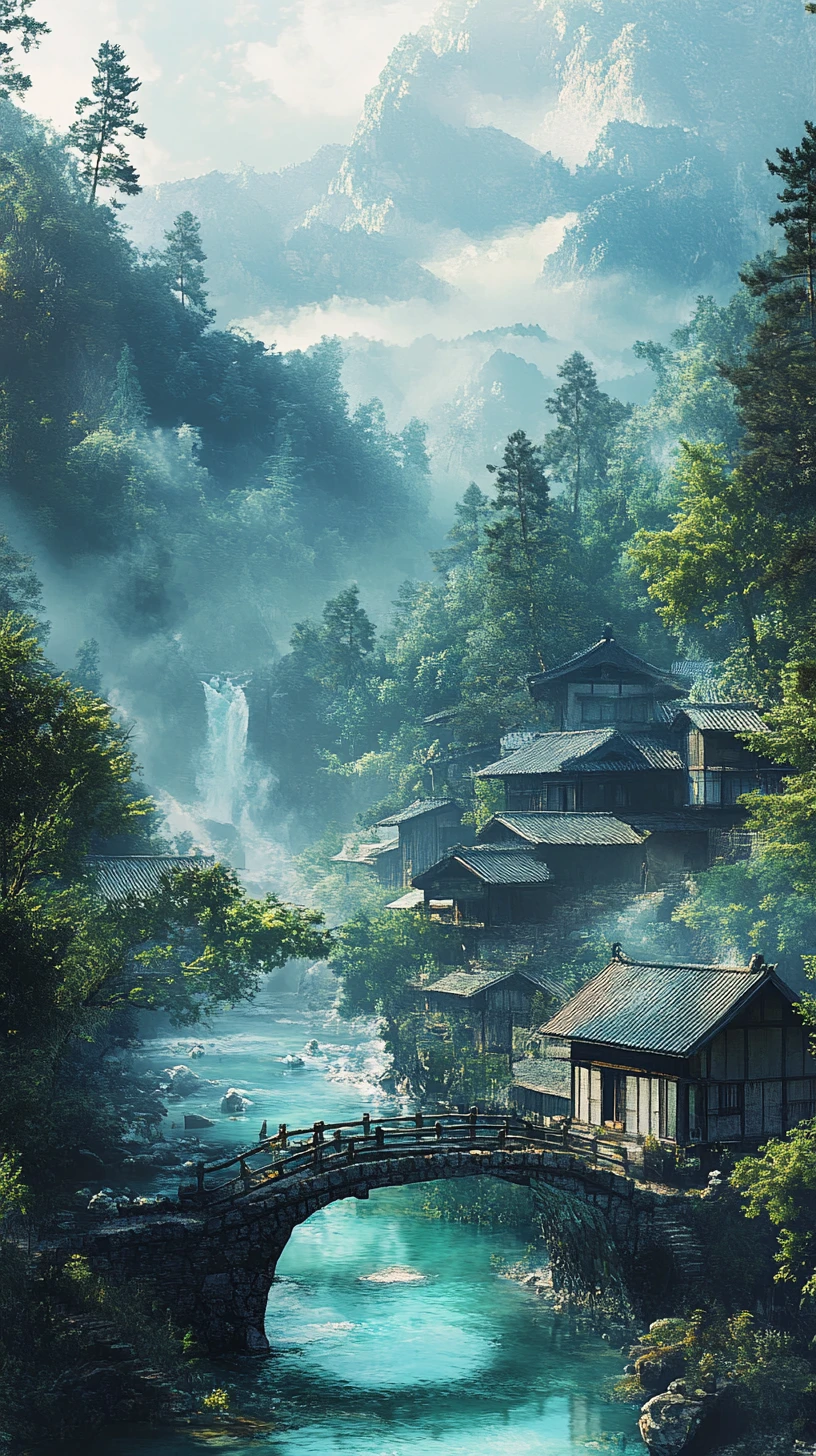 Vila japonesa tranquila às margens de um rio turquesa na montanha