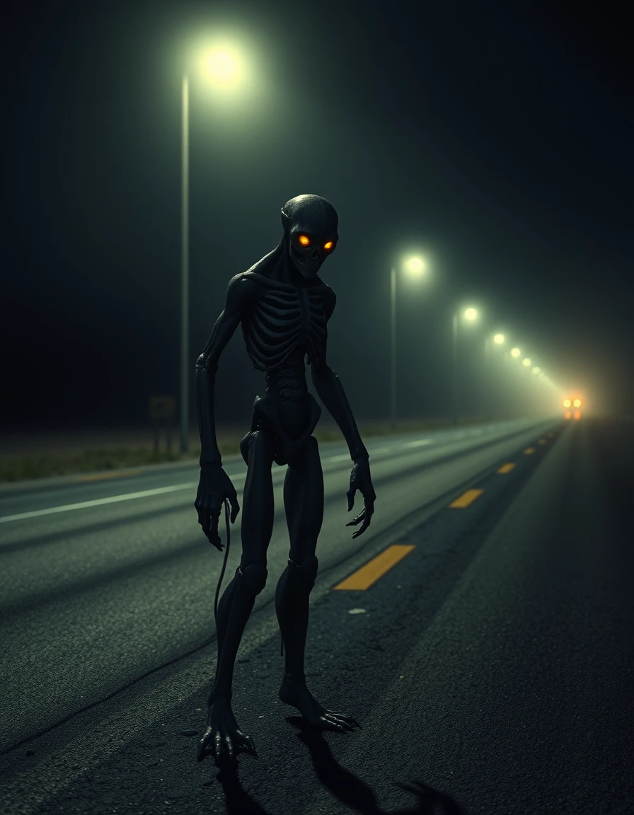 Criatura humanoide em estrada deserta e solitária à meia-noite