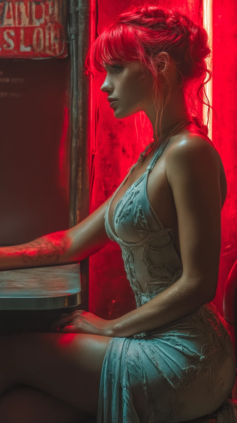 Muskulöse rothaarige Frau an einem Tisch in einem neonbeleuchteten Cyberpunk-Raum