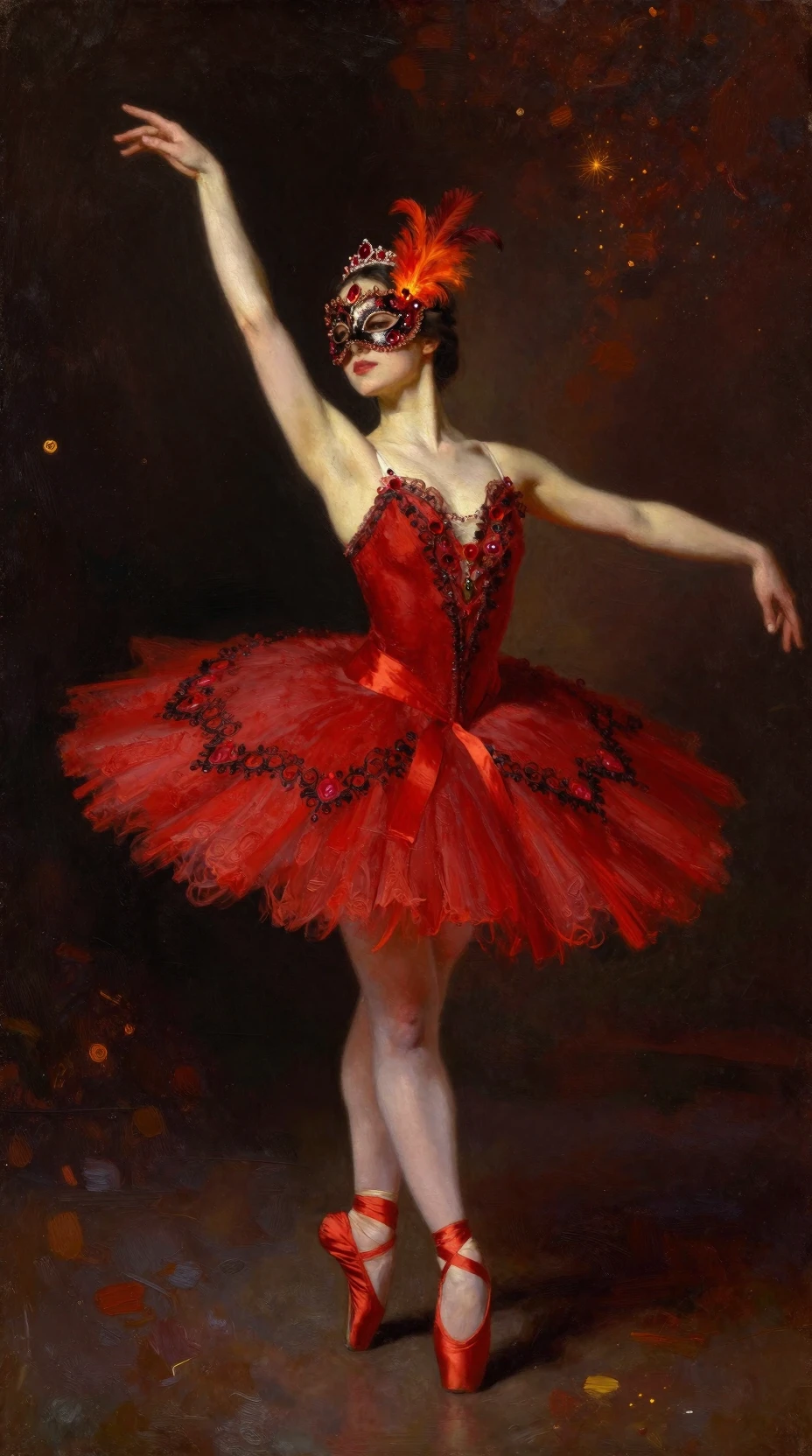 Ballerina as the Firebird in crimson costume on stage