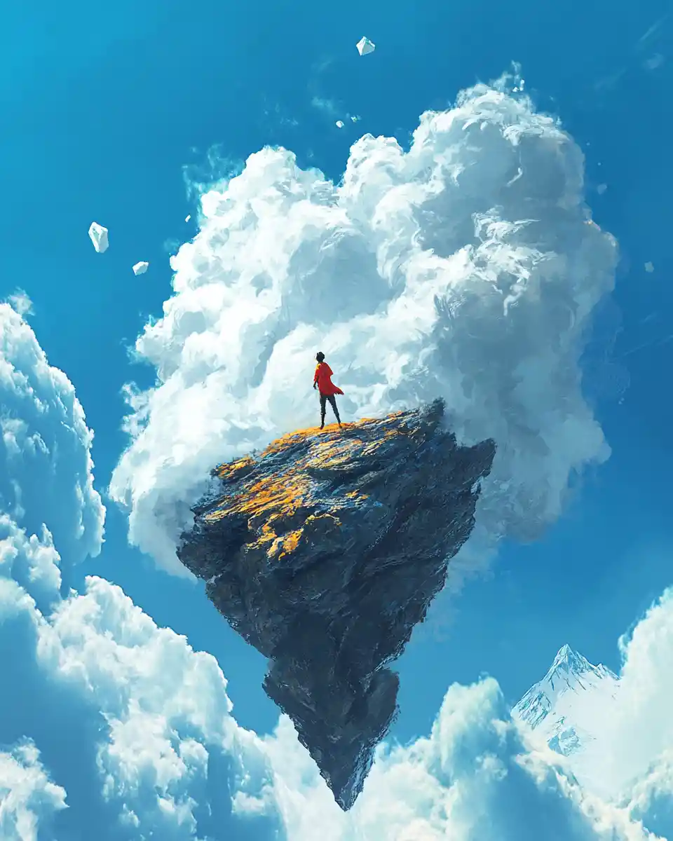 Surreal digital illustration of inner conflict in blue skies