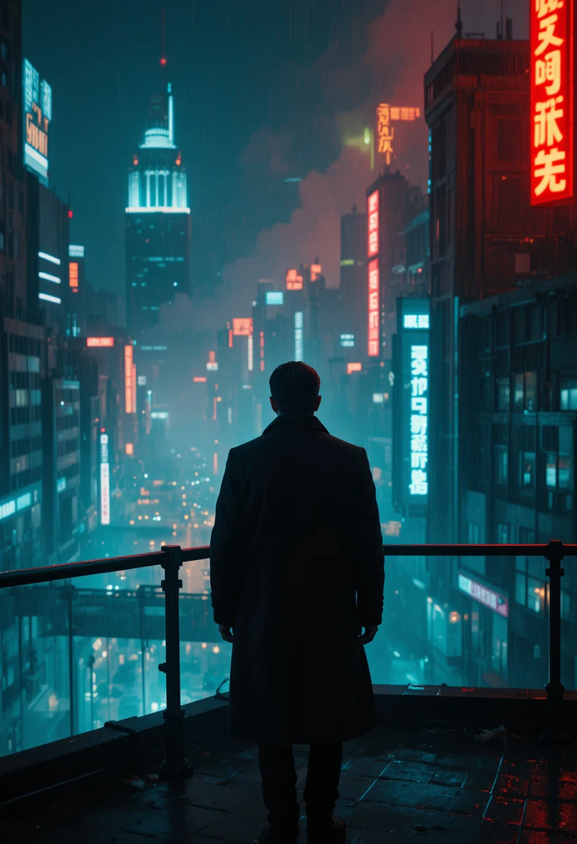 Detektiv auf neonbeleuchtetem Dach über verregneter futuristischer Stadt