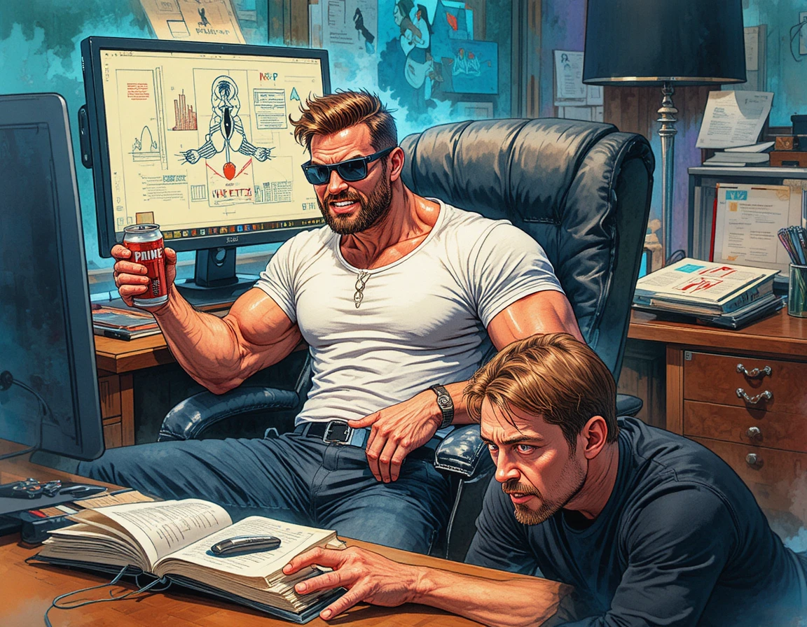 Verschwitzter muskulöser Mann im chaotischen Comic-Büro am Computer