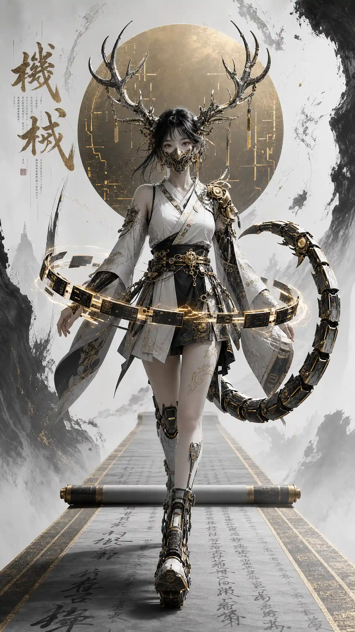 Fantasy woman with antlers walking in cybernetic landscape