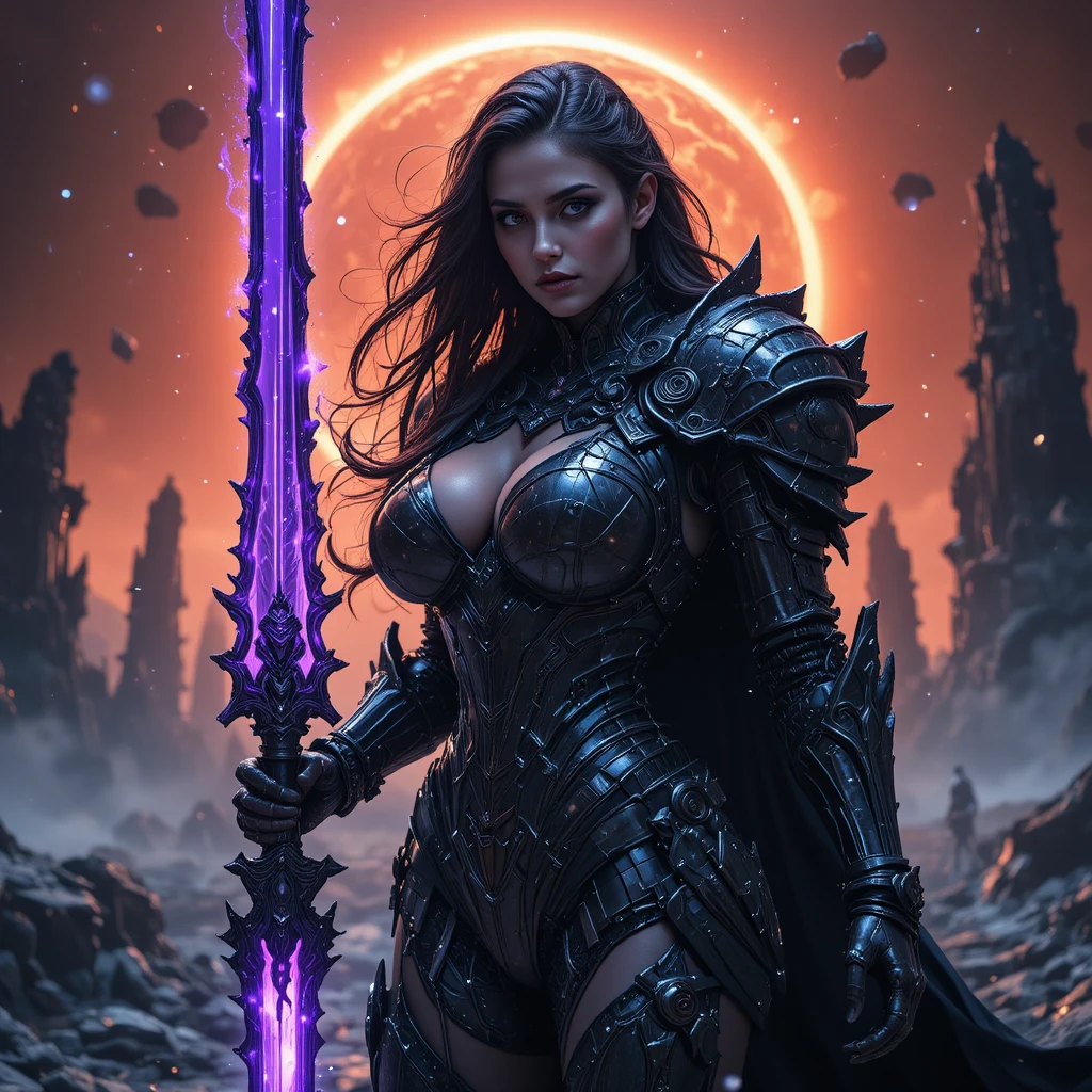 Paladina sombria com lâmina rúnica violeta sob um eclipse