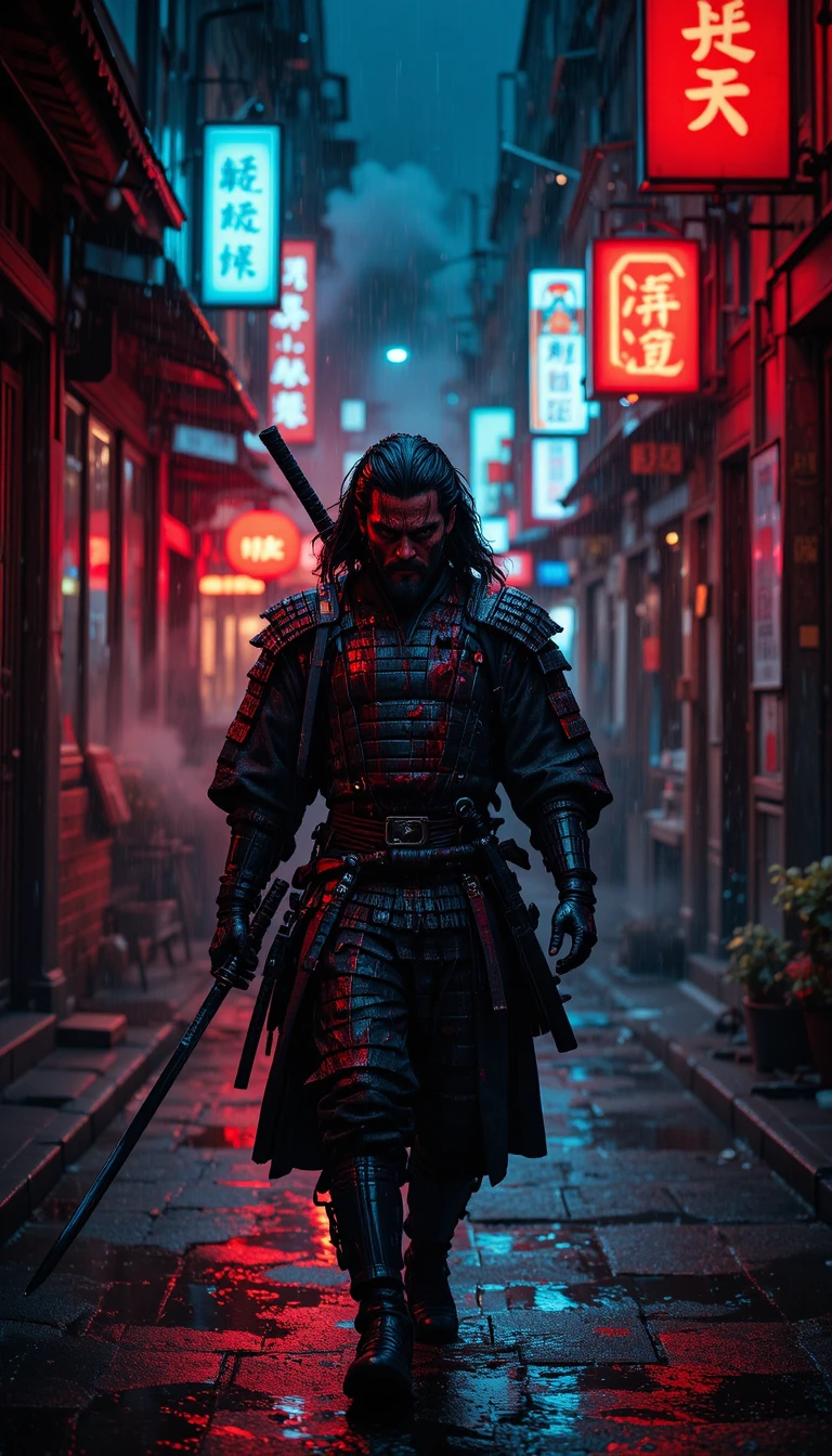 Samurai moderno ensanguentado caminhando por beco urbano iluminado por neon