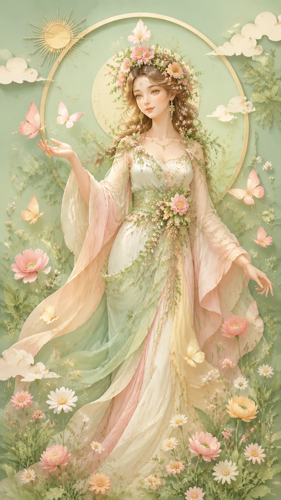 Doce deusa da primavera em ilustração de berçário em tons pastéis