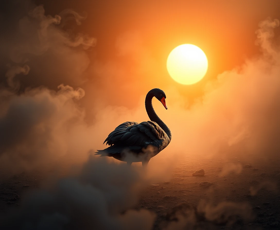 Cygne noir s’éloignant du soleil dans une fumée surréaliste