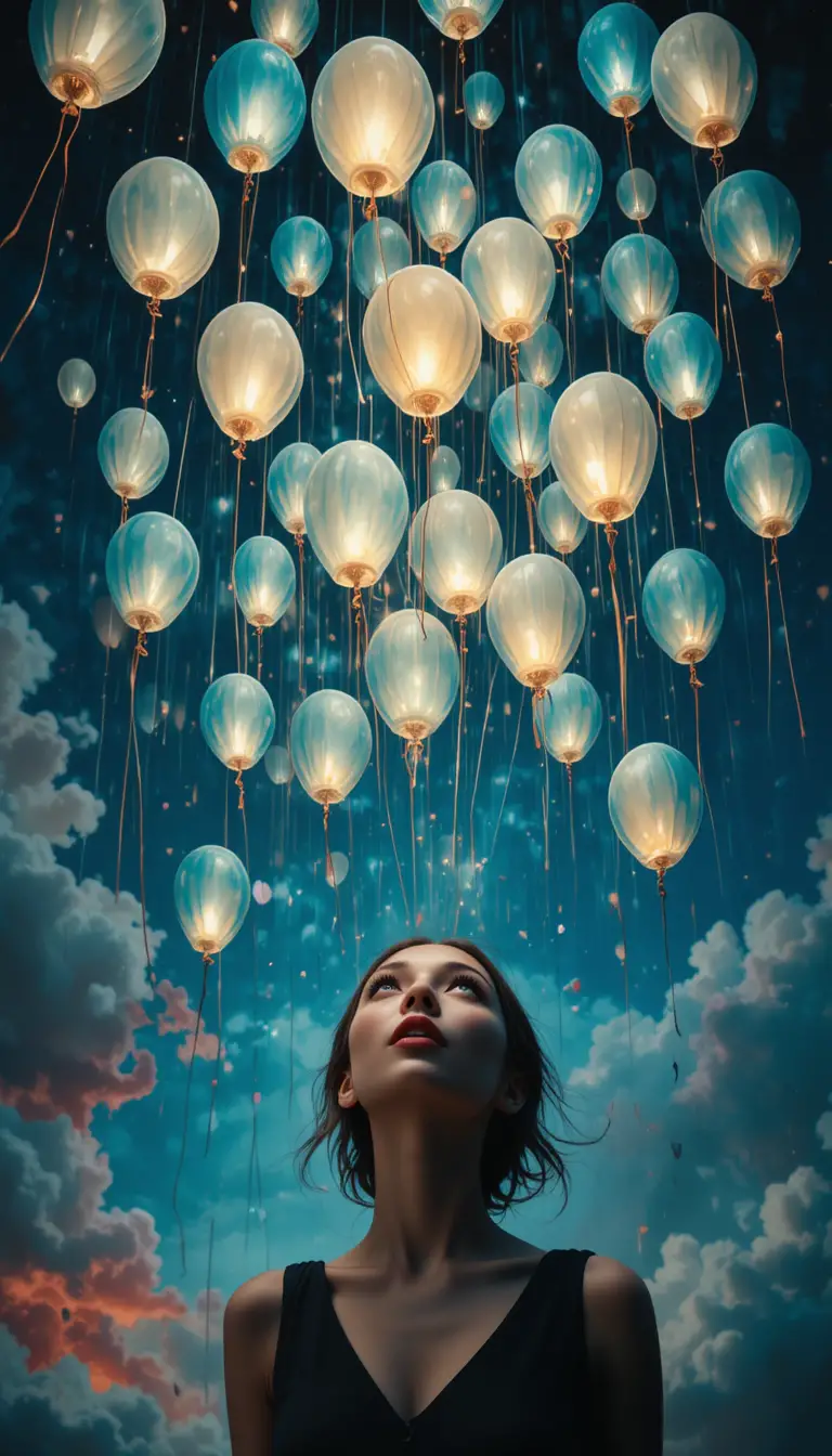 Donna sognante che guarda in alto verso palloncini luminosi e surreali