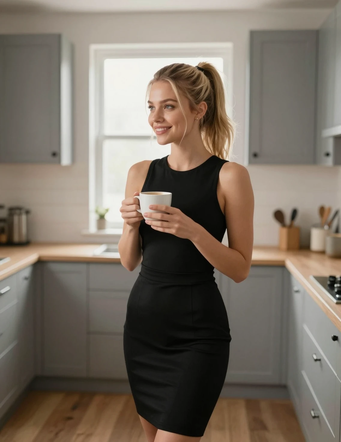 Junge Frau mit Kaffee in heller, moderner Küche