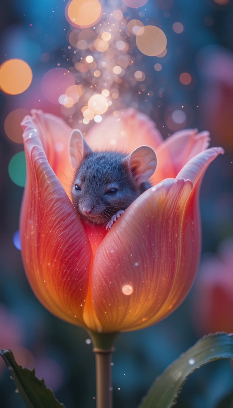 Pequeno rato cinza dormindo dentro de uma tulipa brilhante