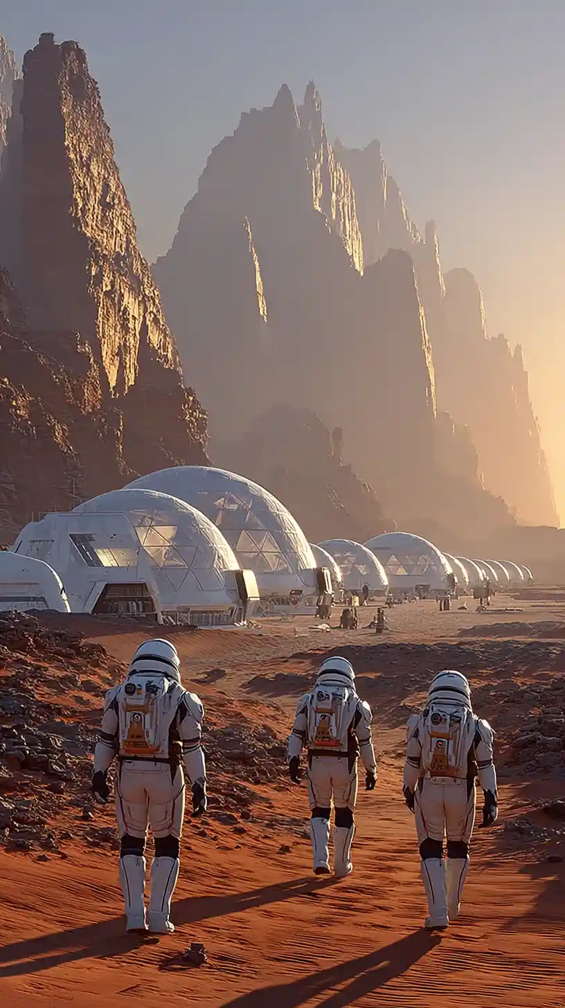 Astronautas se aproximam de assentamento futurista em Marte ao nascer do sol