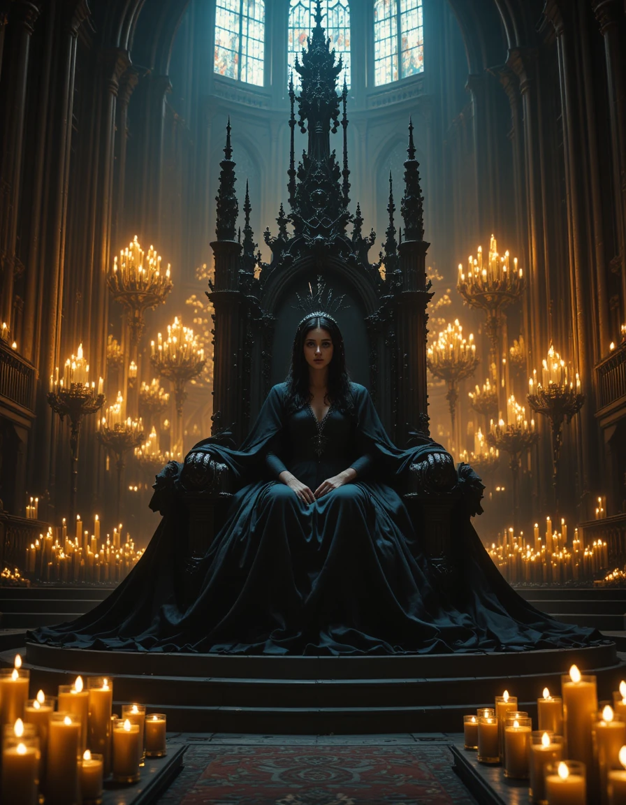 Rainha sombria em um vasto trono numa catedral iluminada por velas